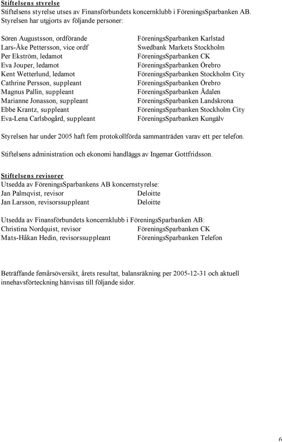 Magnus Pallin, suppleant Marianne Jonasson, suppleant Ebbe Krantz, suppleant Eva-Lena Carlsbogård, suppleant FöreningsSparbanken Karlstad Swedbank Markets Stockholm FöreningsSparbanken CK