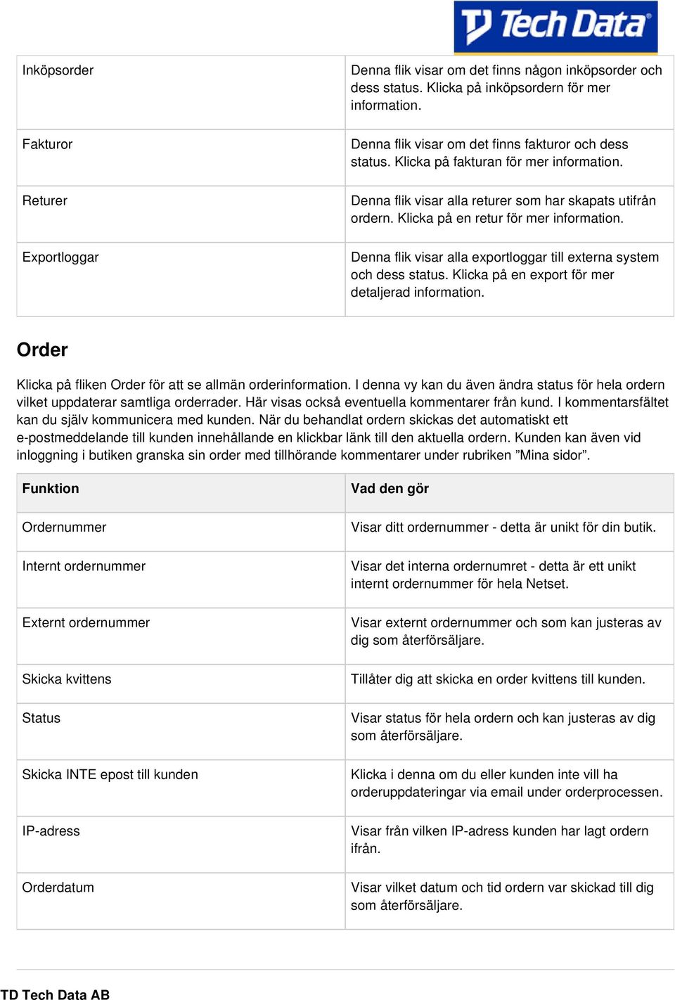 Denna flik visar alla exportloggar till externa system och dess status. Klicka på en export för mer detaljerad information. Order Klicka på fliken Order för att se allmän orderinformation.