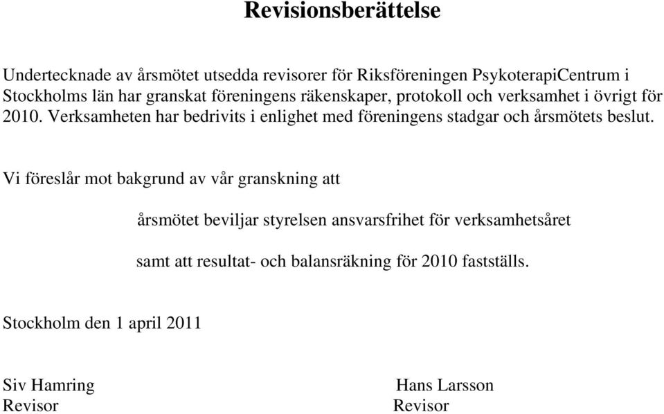 Verksamheten har bedrivits i enlighet med föreningens stadgar och årsmötets beslut.