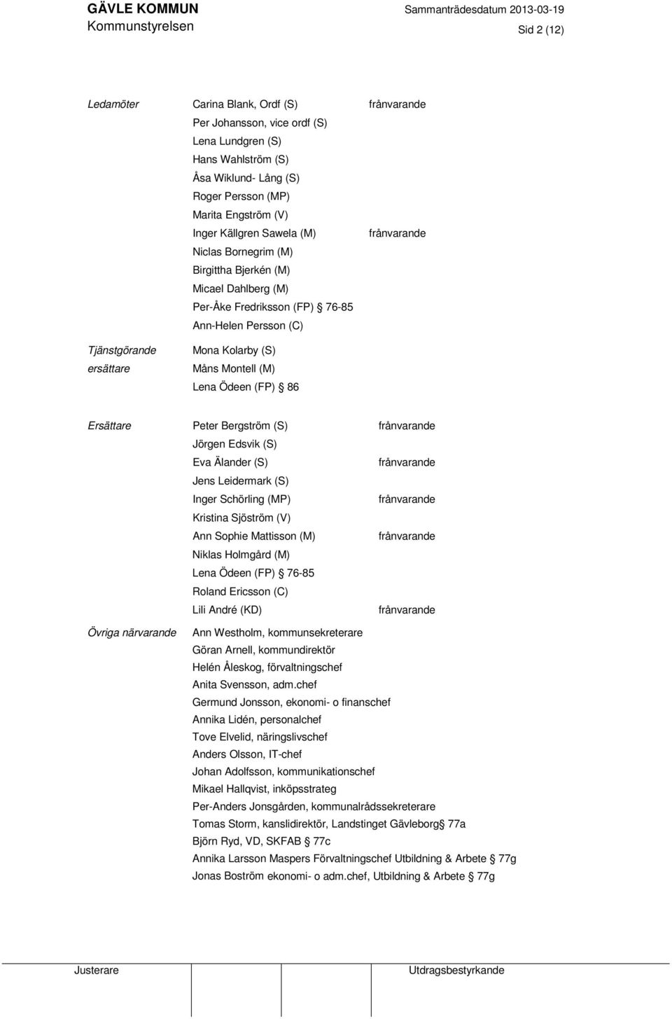 (FP) 86 Ersättare Peter Bergström (S) Jörgen Edsvik (S) Eva Älander (S) Jens Leidermark (S) Inger Schörling (MP) Kristina Sjöström (V) Ann Sophie Mattisson (M) Niklas Holmgård (M) Lena Ödeen (FP)