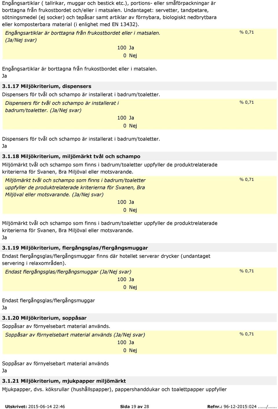 Engångsartiklar är borttagna från frukostbordet eller i matsalen. (/Nej svar) 100 % 0,71 Engångsartiklar är borttagna från frukostbordet eller i matsalen. 3.1.17 Miljökriterium, dispensers Dispensers för tvål och schampo är installerat i badrum/toaletter.