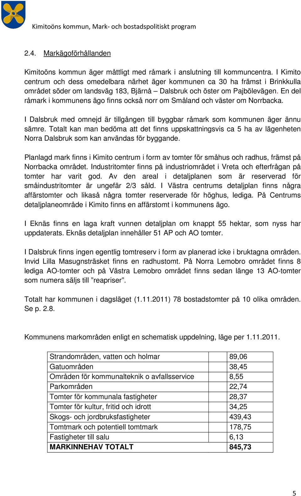 En del råmark i kmmunens äg finns ckså nrr m Småland ch väster m Nrrbacka. I Dalsbruk med mnejd är tillgången till byggbar råmark sm kmmunen äger ännu sämre.