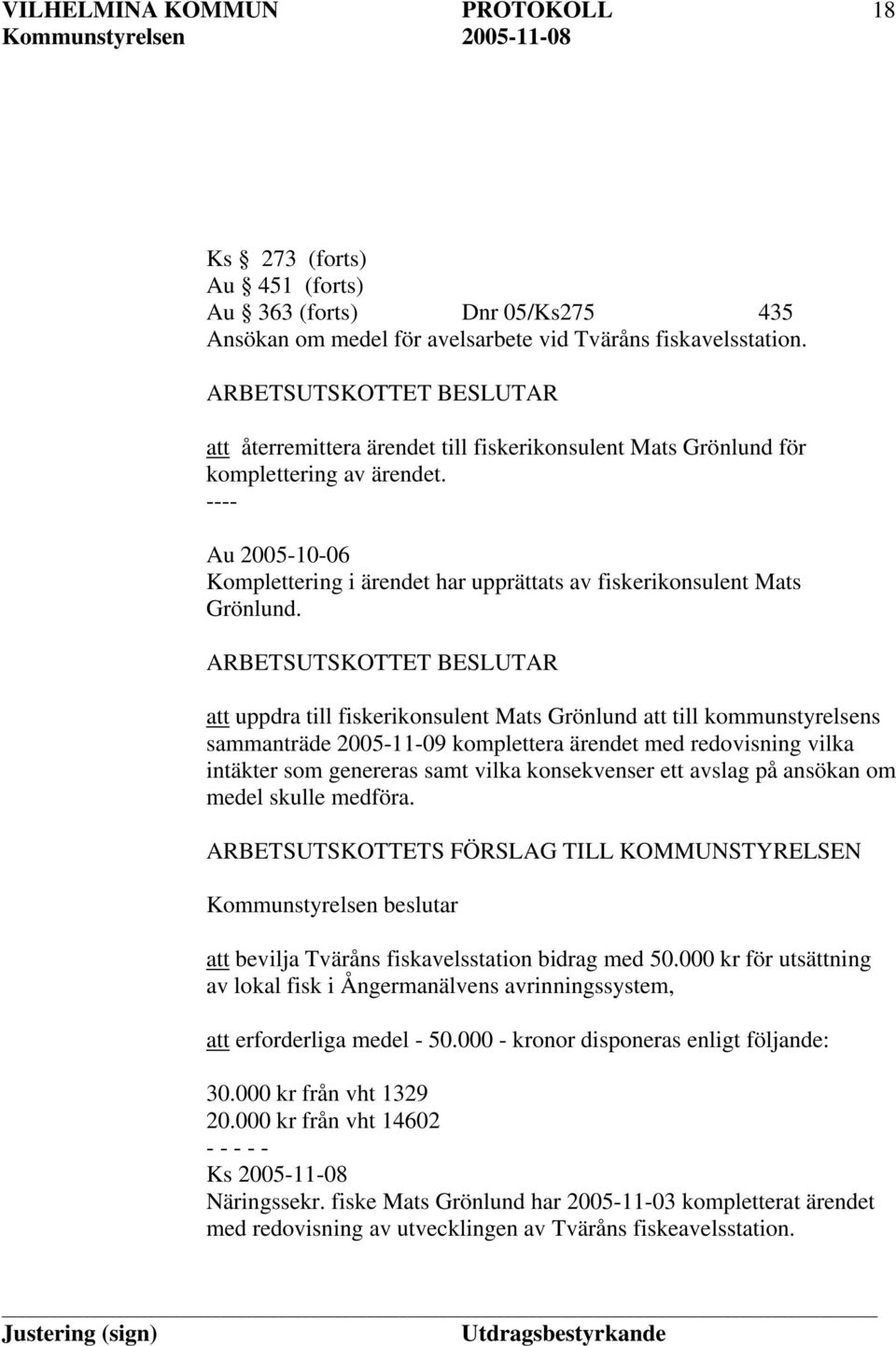 ---- Au 2005-10-06 Komplettering i ärendet har upprättats av fiskerikonsulent Mats Grönlund.