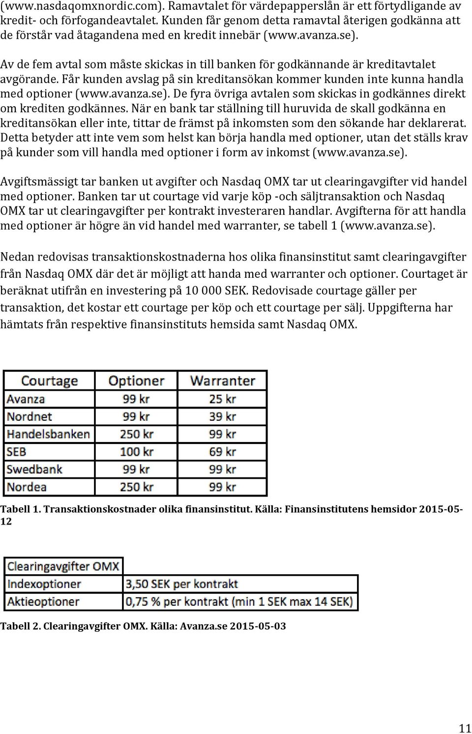 Av de fem avtal som måste skickas in till banken för godkännande är kreditavtalet avgörande. Får kunden avslag på sin kreditansökan kommer kunden inte kunna handla med optioner (www.avanza.se).