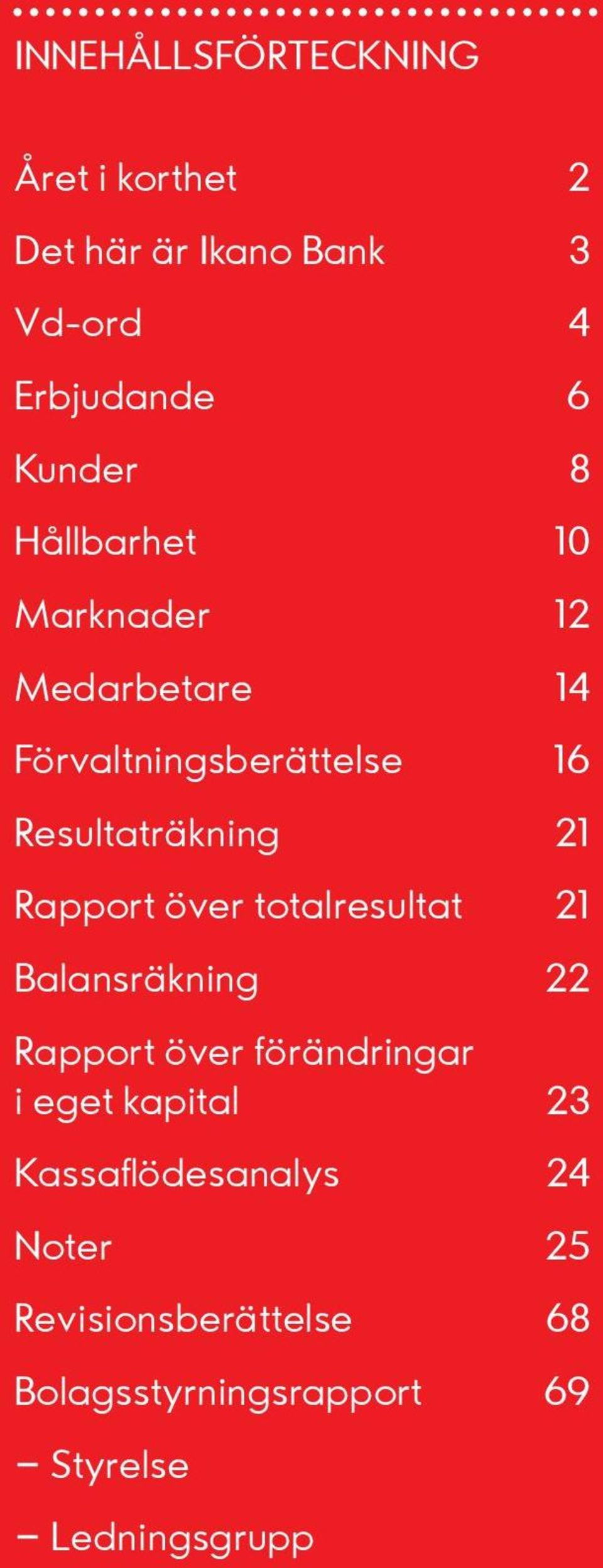 totalresultat 21 Balansräkning 22 Rapport över förändringar i eget kapital 23 Kassaflödesanalys 24