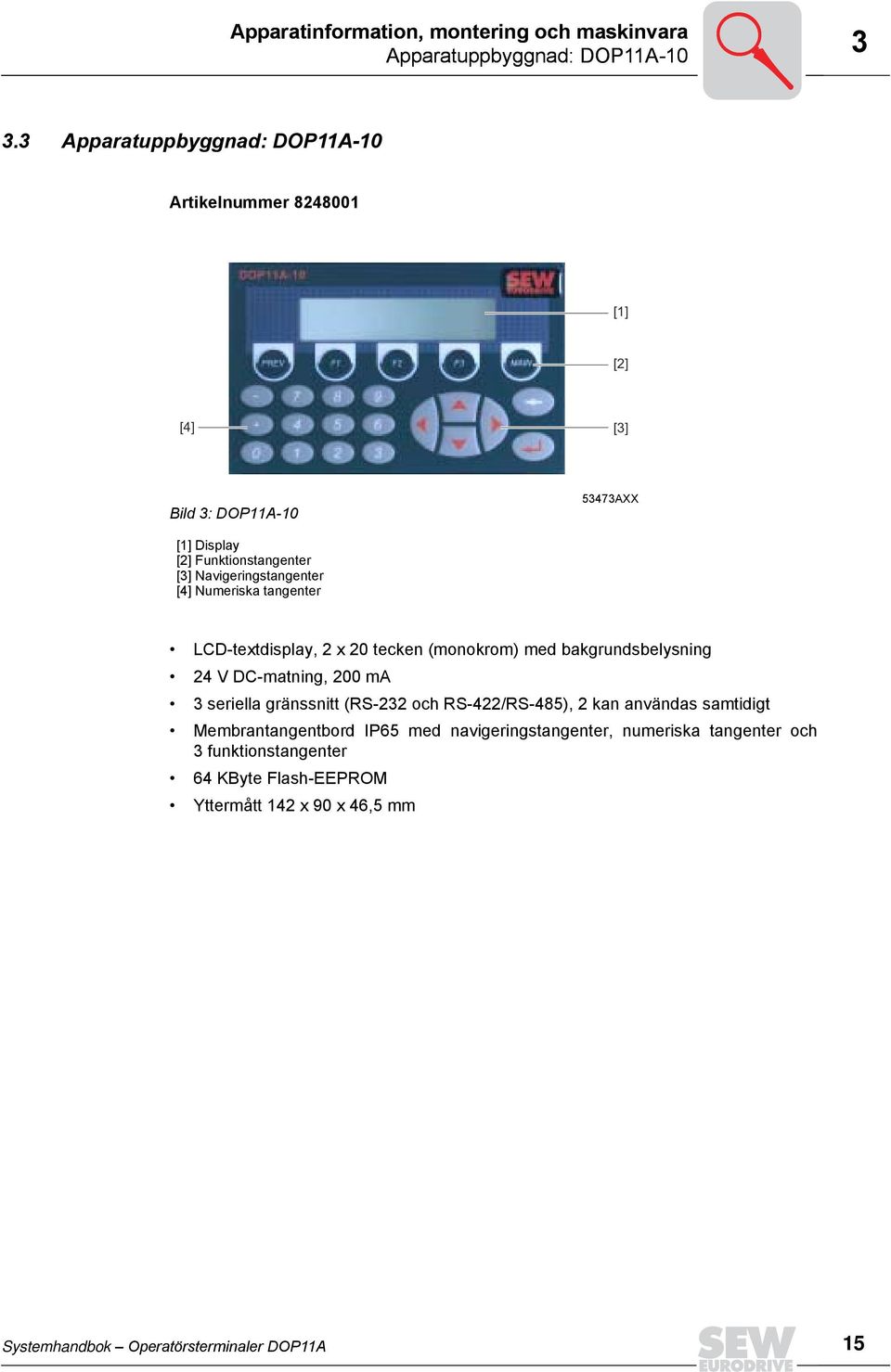 Navigeringstangenter [4] Numeriska tangenter LCD-textdisplay, 2 x 2 tecken (monokrom) med bakgrundsbelysning 24 V DC-matning, 2 ma 3 seriella