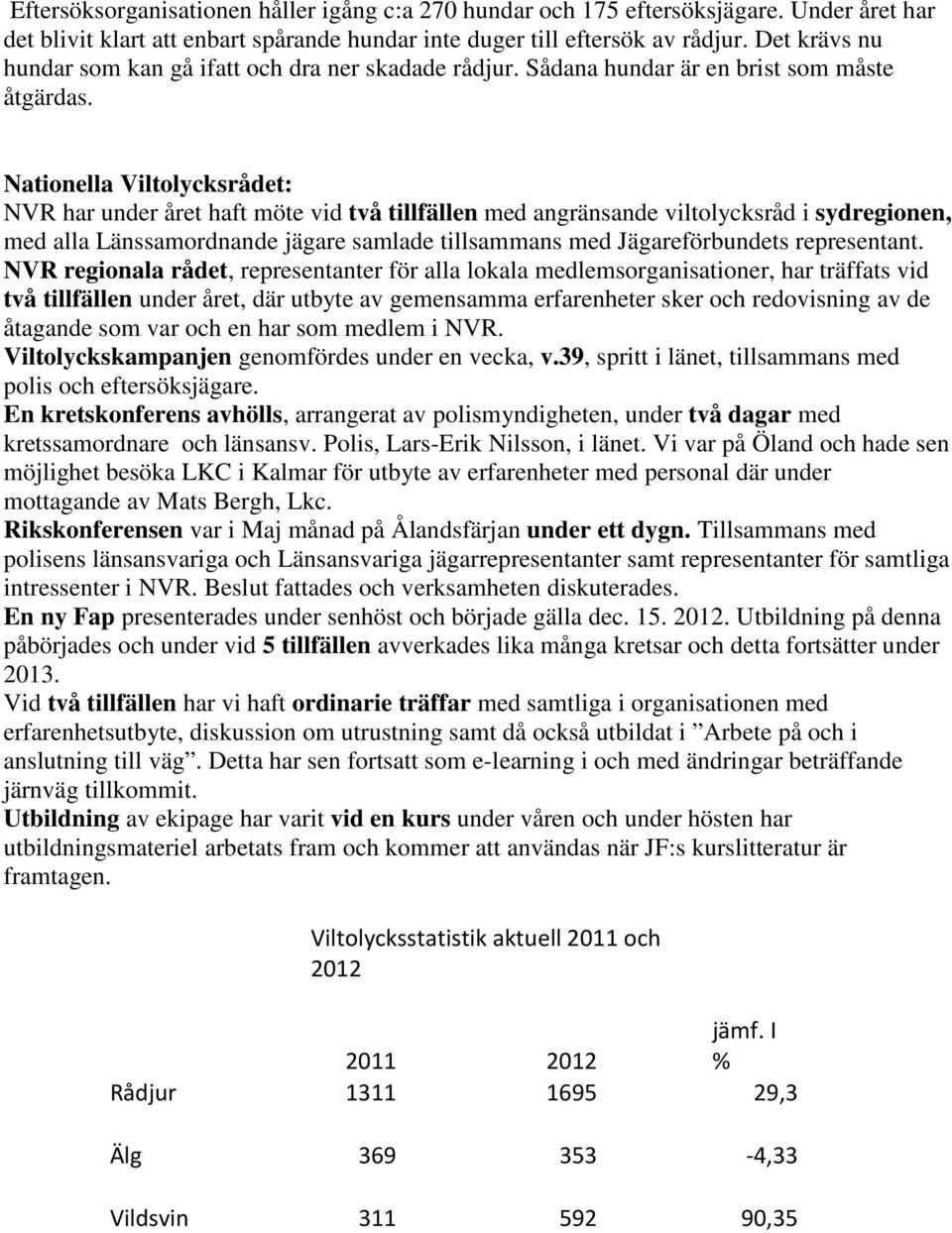 Nationella Viltolycksrådet: NVR har under året haft möte vid två tillfällen med angränsande viltolycksråd i sydregionen, med alla Länssamordnande jägare samlade tillsammans med Jägareförbundets