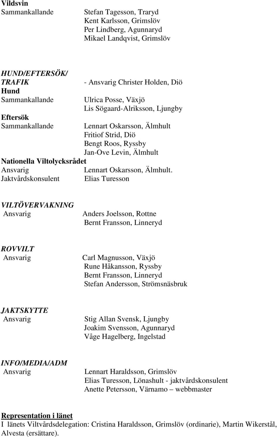 Jaktvårdskonsulent Elias Turesson VILTÖVERVAKNING Ansvarig Anders Joelsson, Rottne Bernt Fransson, Linneryd ROVVILT Ansvarig Carl Magnusson, Växjö Rune Håkansson, Ryssby Bernt Fransson, Linneryd