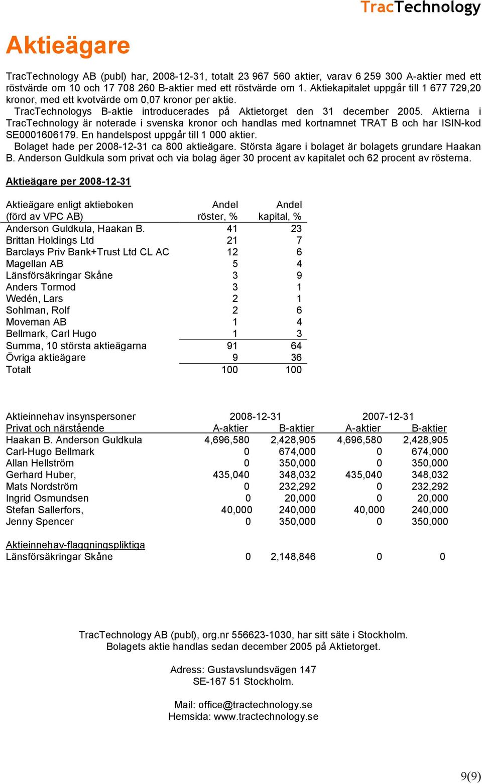 Aktierna i TracTechnology är noterade i svenska kronor och handlas med kortnamnet TRAT B och har ISIN-kod SE0001606179. En handelspost uppgår till 1 000 aktier.