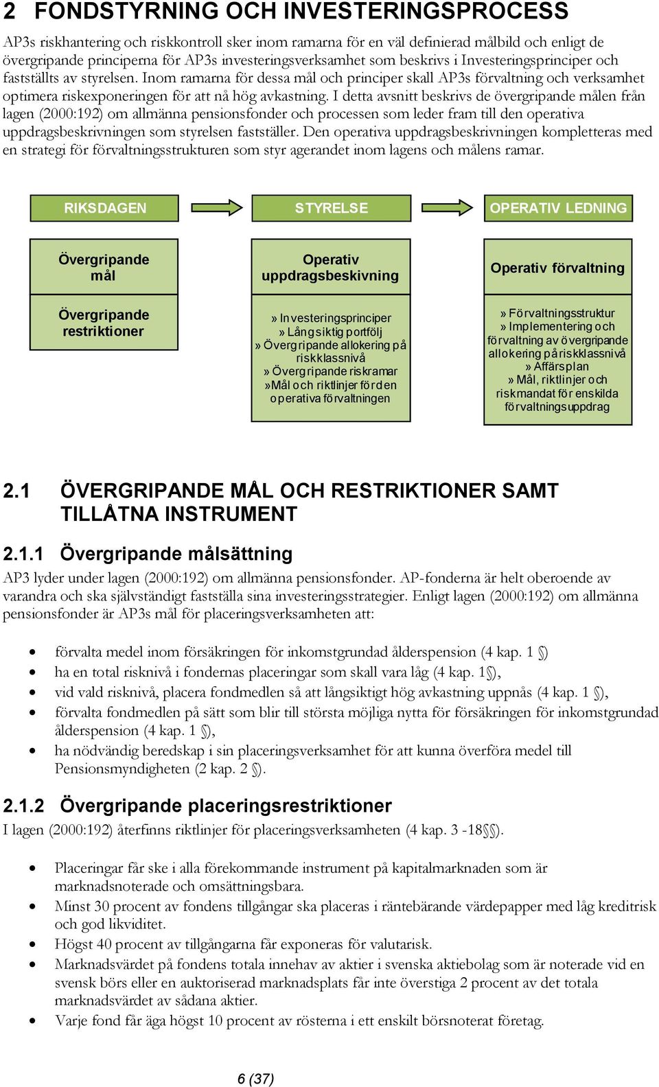 I detta avsnitt beskrivs de övergripande målen från lagen (2000:192) om allmänna pensionsfonder och processen som leder fram till den operativa uppdragsbeskrivningen som styrelsen fastställer.