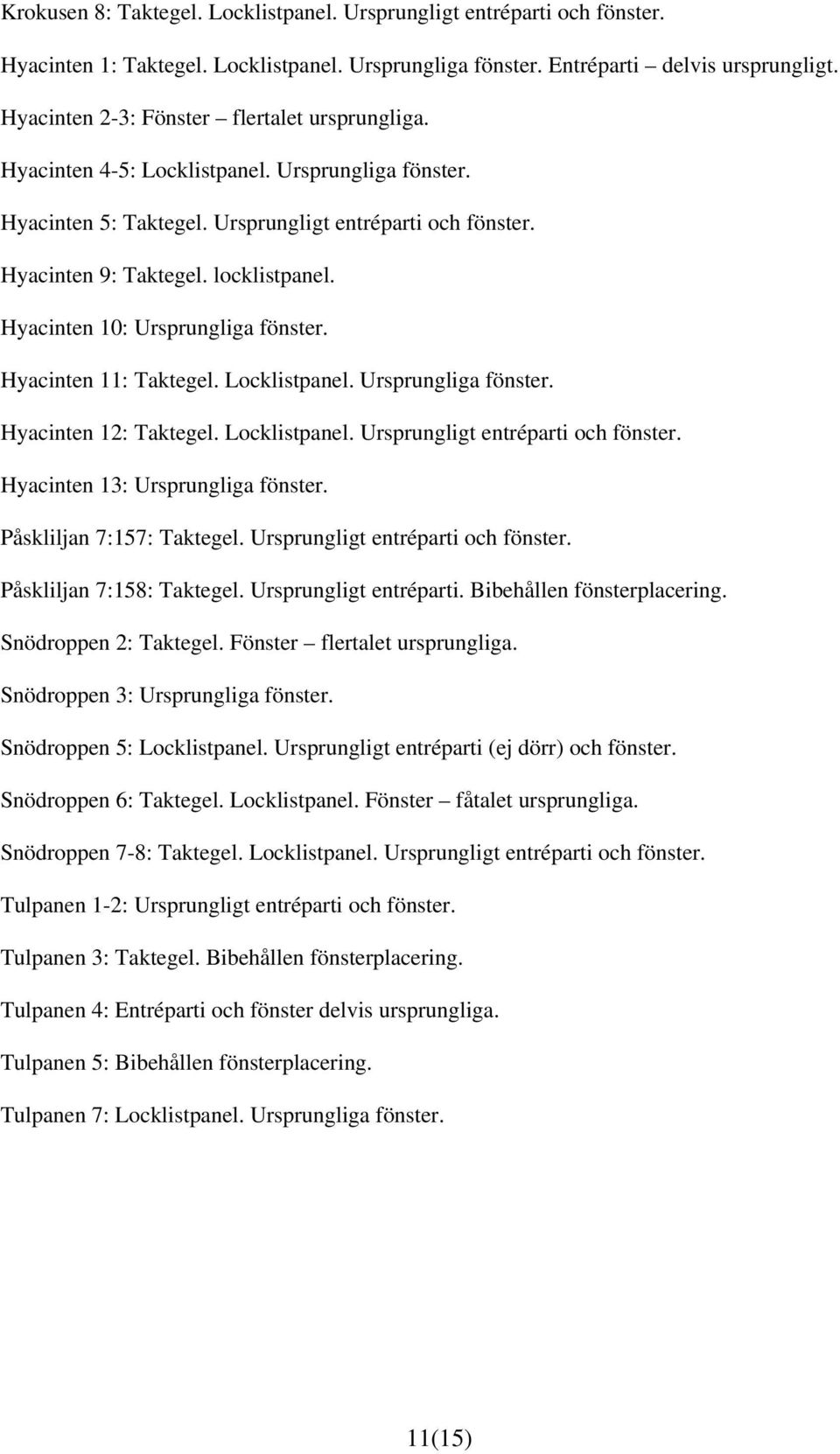 Hyacinten 10: Ursprungliga fönster. Hyacinten 11: Taktegel. Locklistpanel. Ursprungliga fönster. Hyacinten 12: Taktegel. Locklistpanel. Ursprungligt entréparti och fönster.