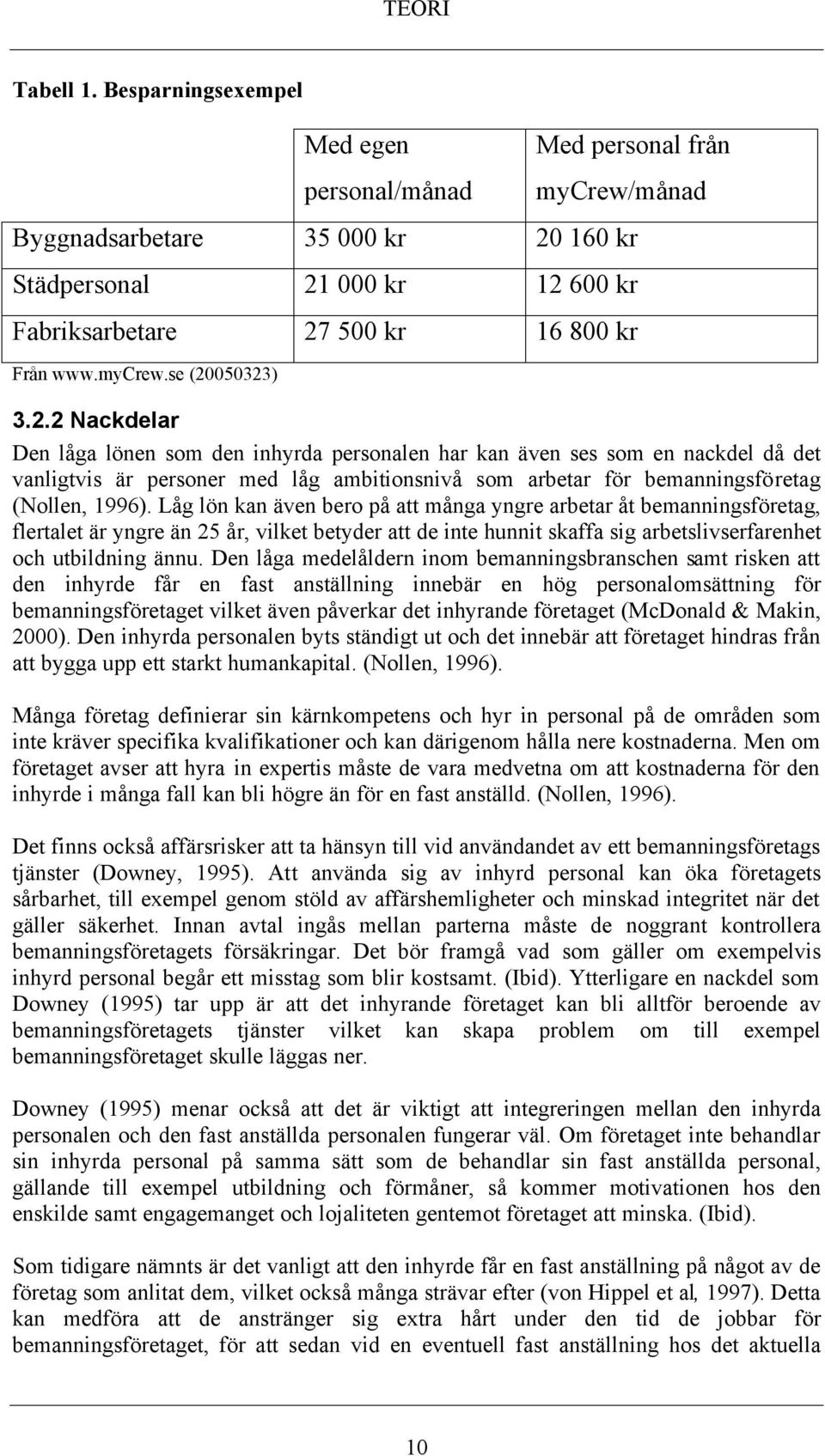 2.2 Nackdelar Den låga lönen som den inhyrda personalen har kan även ses som en nackdel då det vanligtvis är personer med låg ambitionsnivå som arbetar för bemanningsföretag (Nollen, 1996).