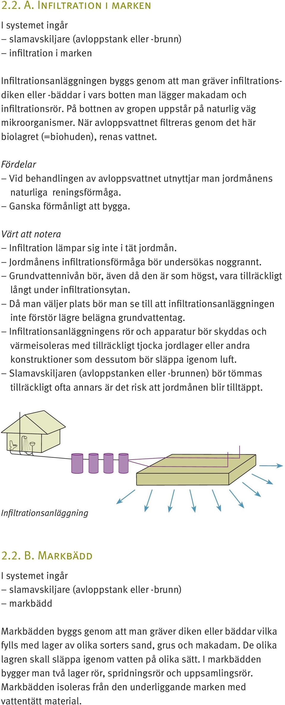 botten man lägger makadam och infiltrationsrör. På bottnen av gropen uppstår på naturlig väg mikroorganismer. När avloppsvattnet filtreras genom det här biolagret (=biohuden), renas vattnet.