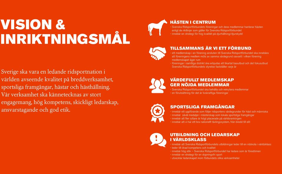 HÄSTEN I CENTRUM - Svenska Ridsportförbundets föreningar och dess medlemmar hanterar hästen enligt de riktlinjer som gäller för Svenska Ridsportförbundet - innebär en strategi för hög kvalitét på