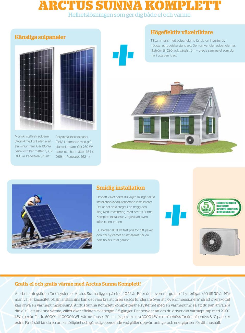 Ger 195 W/ panel och har måtten 1,58 x 0,80 m. Panelarea 1,26 m² Polykristallinsk solpanel, (Poly) i utförande med grå aluminiumram. Ger 230 W/ panel och har måtten 1,64 x 0,99 m.