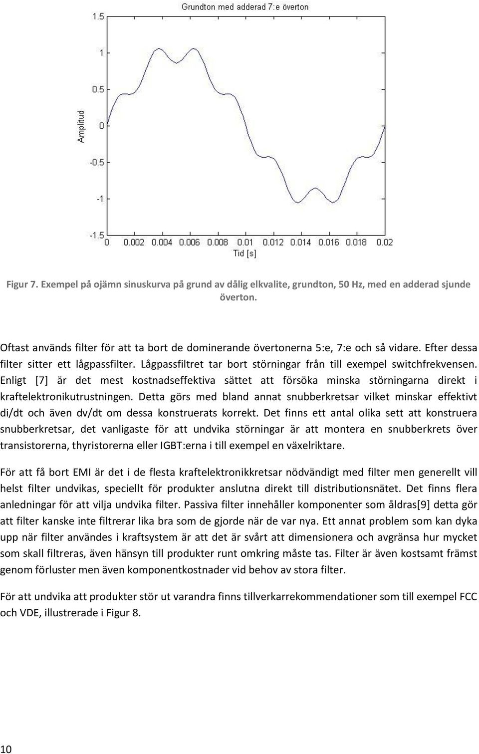 Lågpassfiltret tar bort störningar från till exempel switchfrekvensen. Enligt [7] är det mest kostnadseffektiva sättet att försöka minska störningarna direkt i kraftelektronikutrustningen.