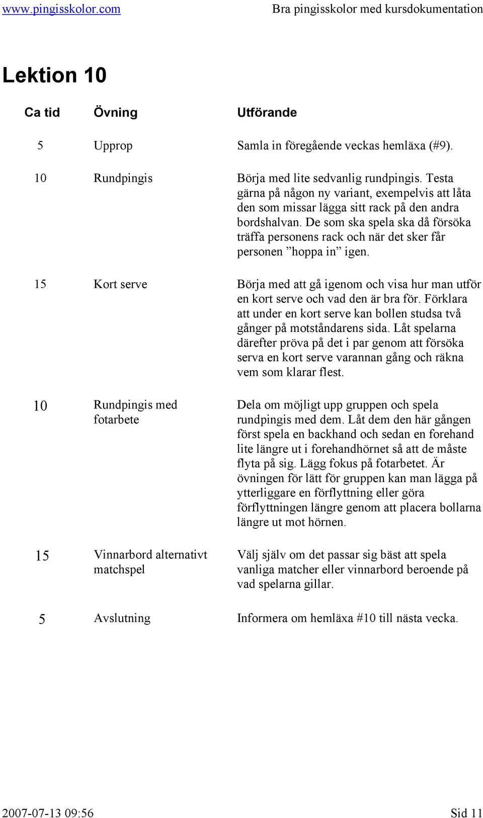 De som ska spela ska då försöka träffa personens rack och när det sker får personen hoppa in igen. 15 Kort serve Börja med att gå igenom och visa hur man utför en kort serve och vad den är bra för.