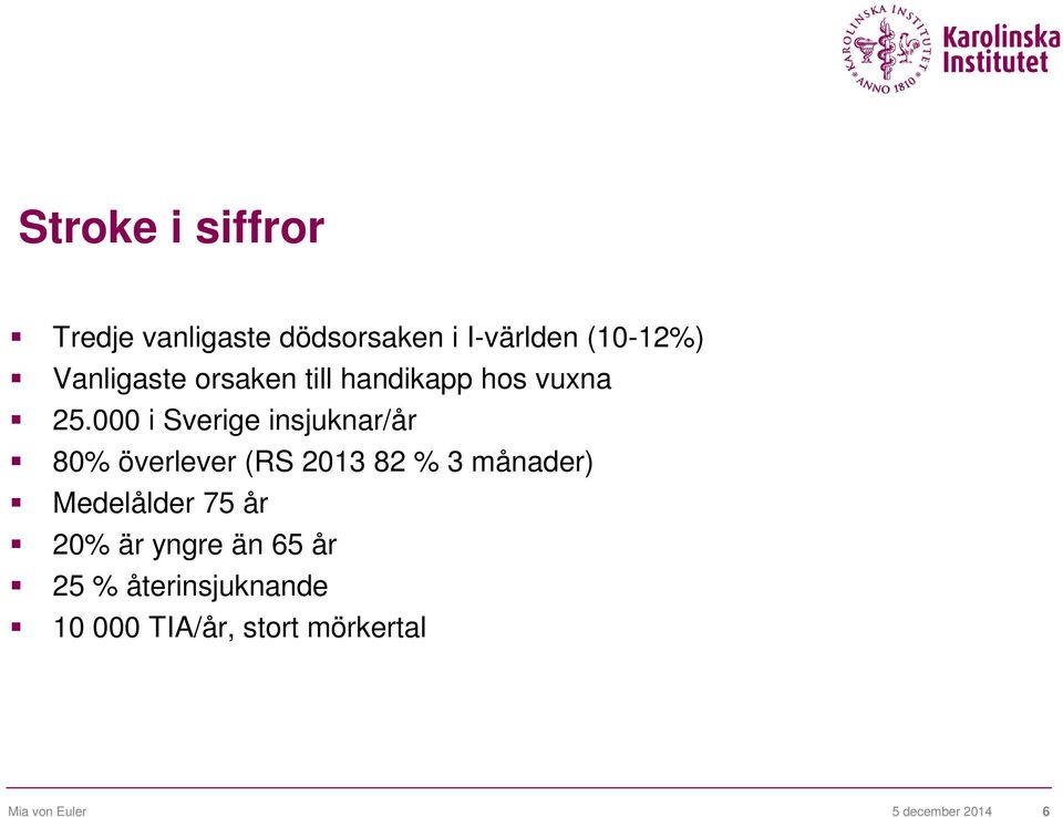 000 i Sverige insjuknar/år 80% överlever (RS 2013 82 % 3 månader)