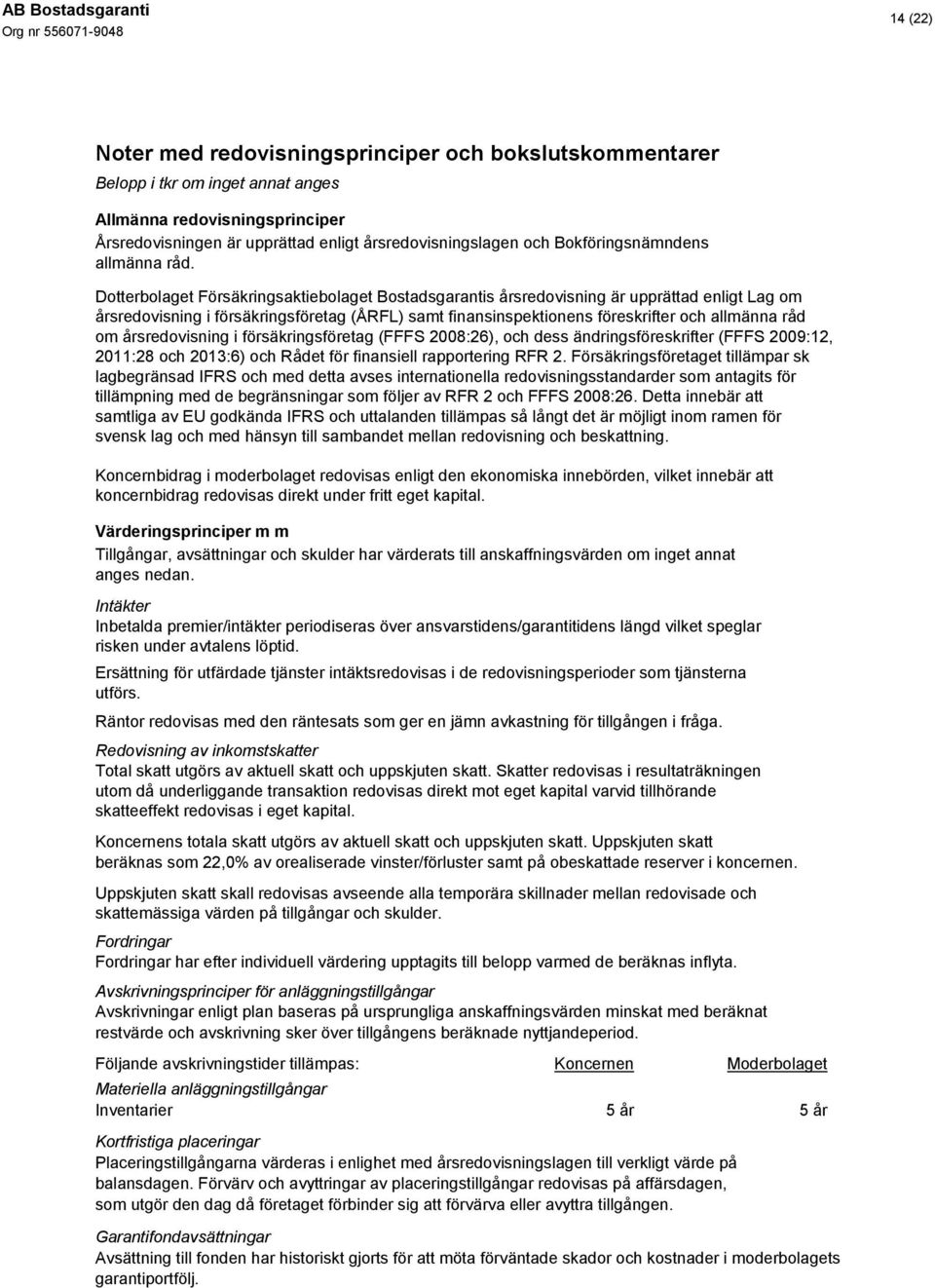 Dotterbolaget Försäkringsaktiebolaget Bostadsgarantis årsredovisning är upprättad enligt Lag om årsredovisning i försäkringsföretag (ÅRFL) samt finansinspektionens föreskrifter och allmänna råd om