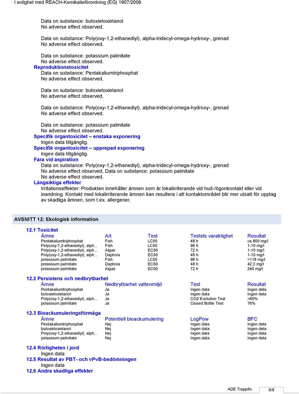 enstaka exponering tillgänglig. Specifik organtoxicitet upprepad exponering tillgänglig.