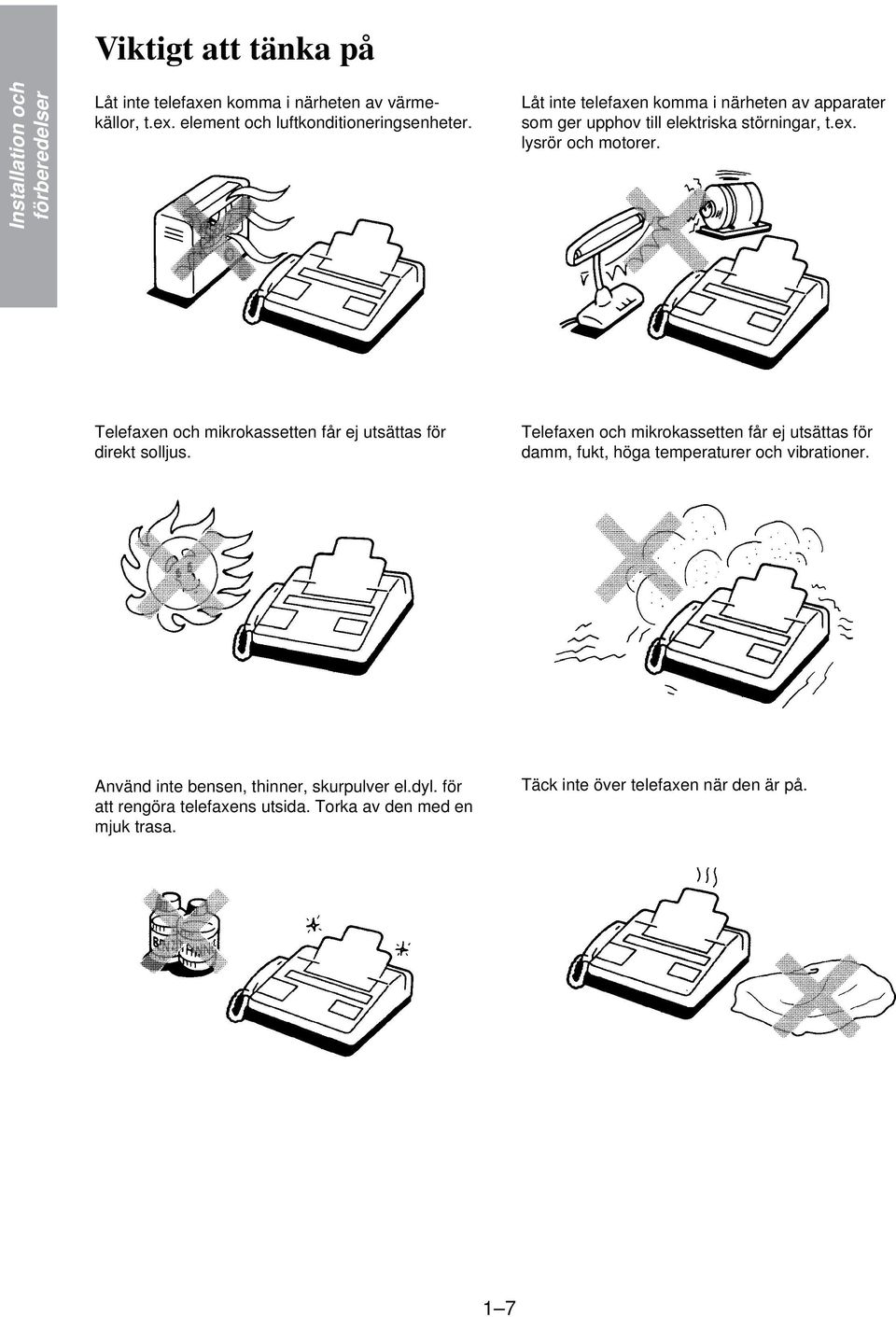 lysrör och motorer. Telefaxen och mikrokassetten får ej utsättas för direkt solljus.