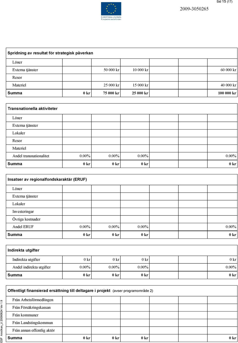 00% 0.00% 0.00% Insatser av regionalfondskaraktär (ERUF) Löner Externa tjänster Lokaler Investeringar Övriga kostnader Andel ERUF 0.00% 0.00% 0.00% 0.00% Indirekta utgifter Indirekta utgifter 0 kr 0 kr 0 kr 0 kr Andel indirekta utgifter 0.