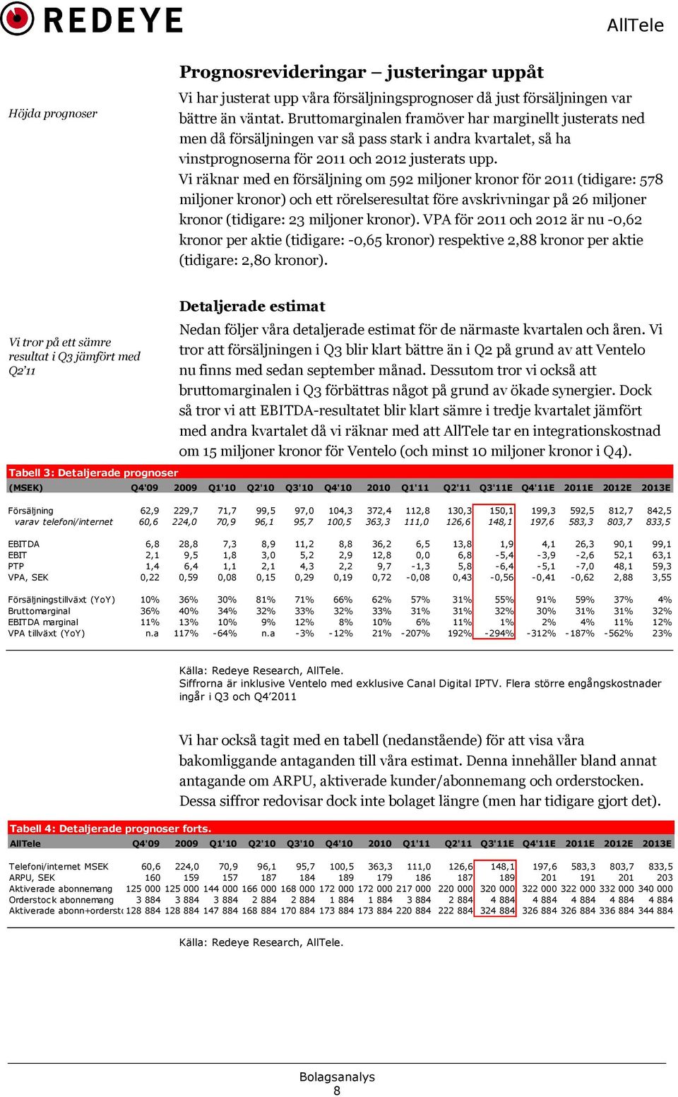 Vi räknar med en försäljning om 592 miljoner kronor för 2011 (tidigare: 578 miljoner kronor) och ett rörelseresultat före avskrivningar på 26 miljoner kronor (tidigare: 23 miljoner kronor).