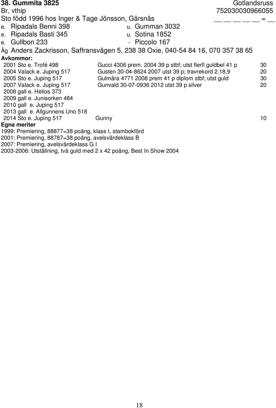 2004 39 p stbf; utst flerfl guldbel 41 p 30 2004 Valack e. Juping 517 Gusten 30-04-8624 2007 utst 39 p; travrekord 2.18,9 20 2005 Sto e.