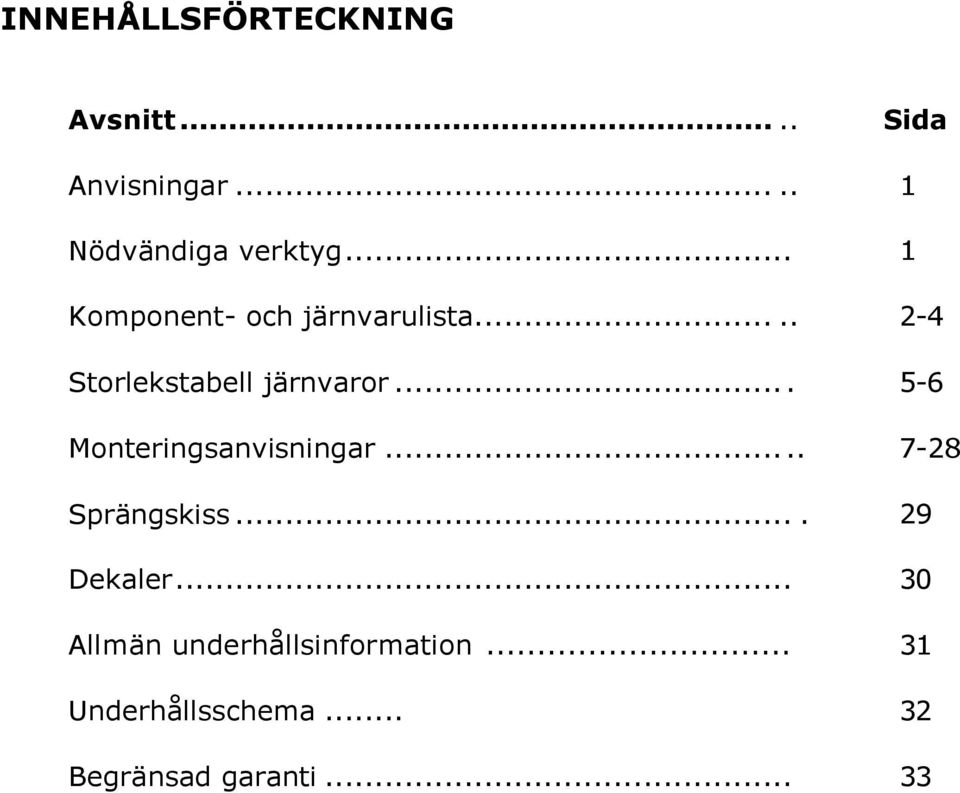 ... 5-6 Monteringsanvisningar..... 7-28 Sprängskiss.... 29 Dekaler.