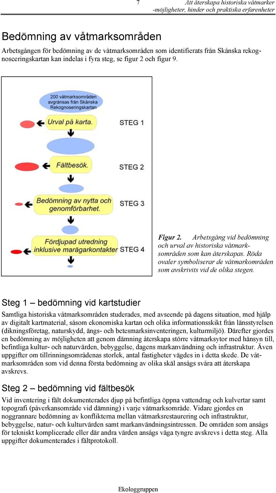 Steg 1 bedömning vid kartstudier Samtliga historiska våtmarksområden studerades, med avseende på dagens situation, med hjälp av digitalt kartmaterial, såsom ekonomiska kartan och olika