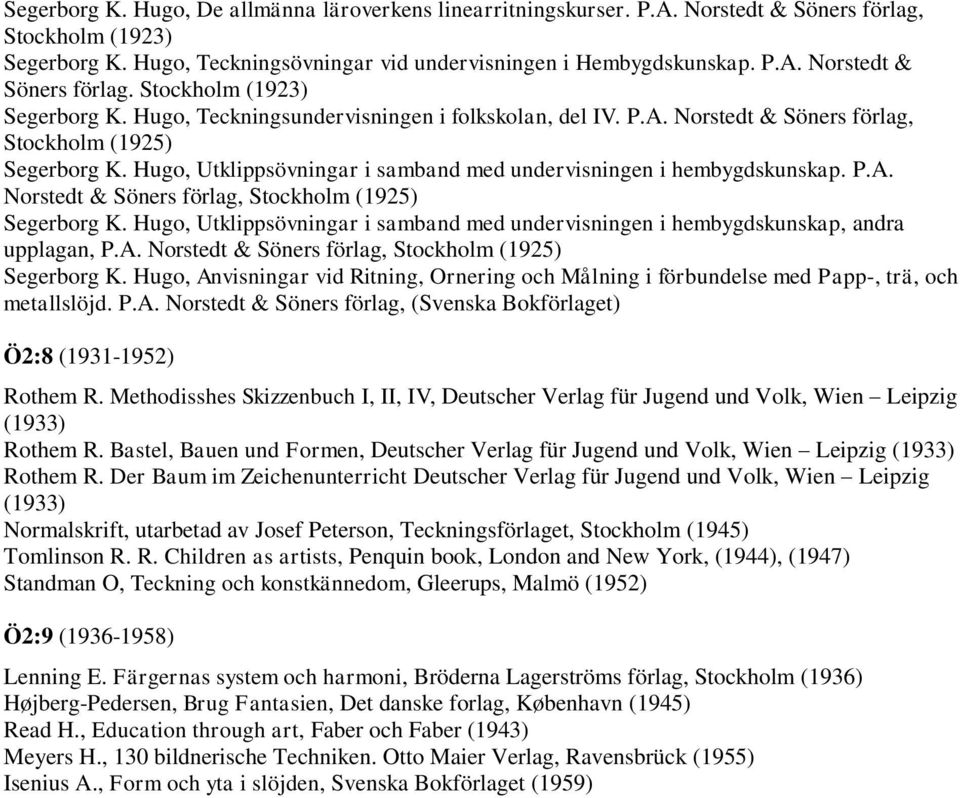 A. Norstedt & Söners förlag, Stockholm (1925) Segerborg K. Hugo, Anvisningar vid Ritning, Ornering och Målning i förbundelse med Papp-, trä, och metallslöjd. P.A. Norstedt & Söners förlag, (Svenska Bokförlaget) Ö2:8 (1931-1952) Rothem R.