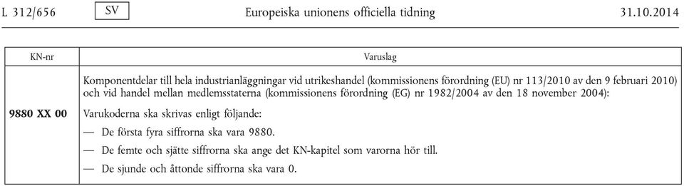 den 9 februari 2010) och vid handel mellan medlemsstaterna (kommissionens förordning (EG) nr 1982/2004 av den 18 november 2004):