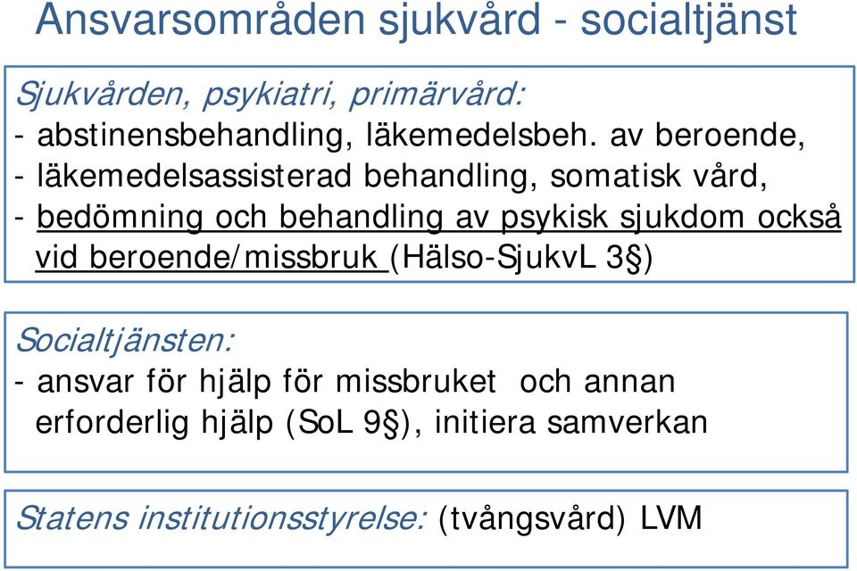 av beroende, - läkemedelsassisterad behandling, somatisk vård, - bedömning och behandling av psykisk