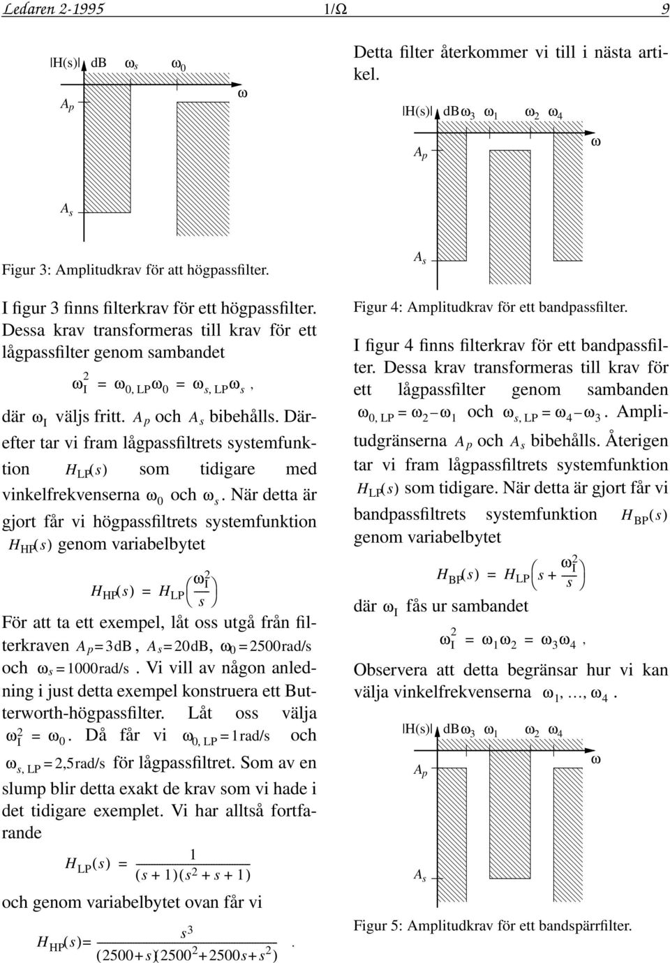 Därefter tar vi fram lågpassfiltrets systemfunktion H LP ( s) som tidigare med vinkelfrekvenserna ω 0 och ω s.