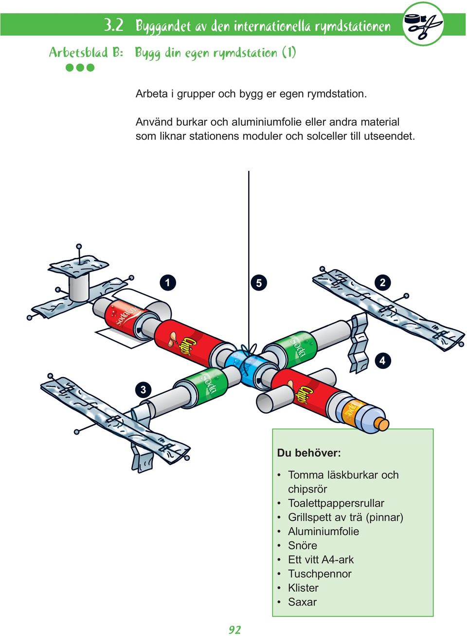 Använd burkar och aluminiumfolie eller andra material som liknar stationens moduler och solceller till