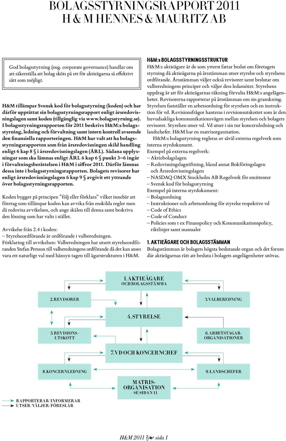 I bolagsstyrningsrapporten för 2011 beskrivs H&M:s bolagsstyrning, ledning och förvaltning samt intern kontroll avseende den finansiella rapporteringen.