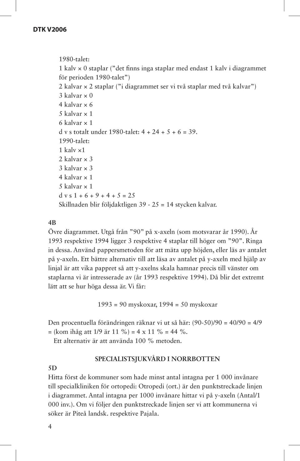 1990-talet: 1 kalv 1 2 kalvar 3 3 kalvar 3 4 kalvar 1 5 kalvar 1 d v s 1 + 6 + 9 + 4 + 5 = 25 Skillnaden blir följdaktligen 39-25 = 14 stycken kalvar. 4B Övre diagrammet.