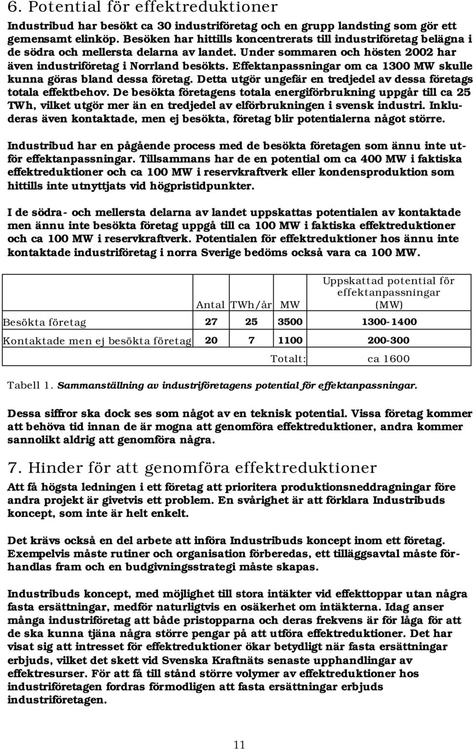 Effektanpassningar om ca 1300 MW skulle kunna göras bland dessa företag. Detta utgör ungefär en tredjedel av dessa företags totala effektbehov.