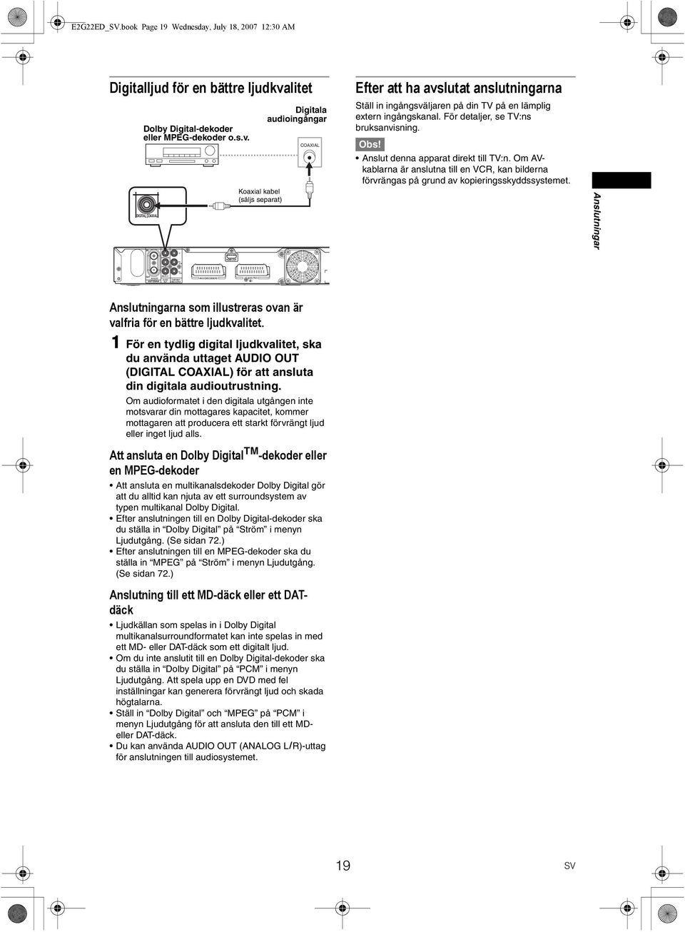 DIGITAL COAXIAL IN Koaxial kabel (säljs separat) Digitala audioingångar COAXIAL Efter att ha avslutat anslutningarna Ställ in ingångsväljaren på din TV på en lämplig extern ingångskanal.