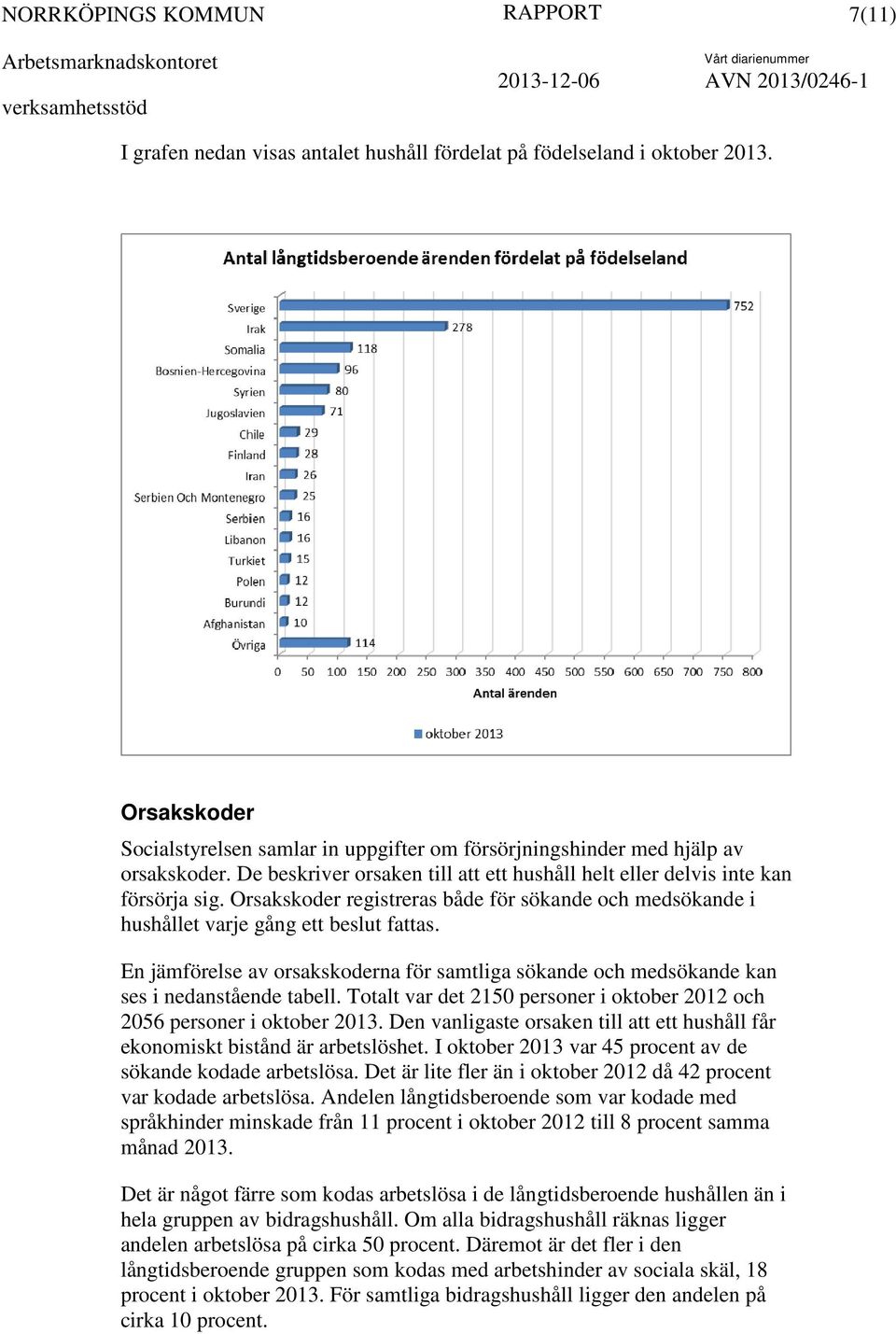 En jämförelse av orsakskoderna för samtliga sökande och medsökande kan ses i nedanstående tabell. Totalt var det 2150 personer i oktober 2012 och 2056 personer i oktober 2013.