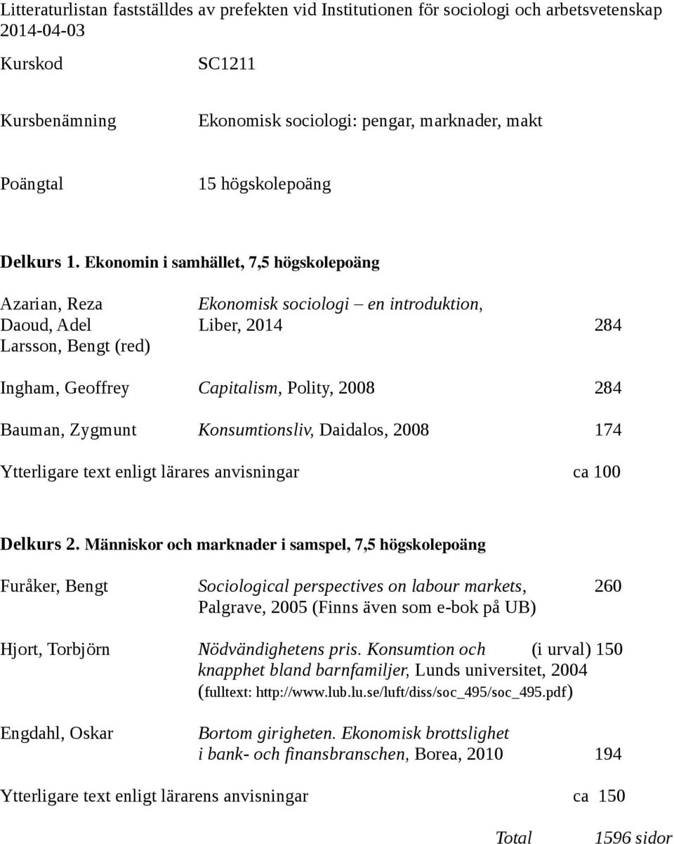 Ekonomin i samhället, 7,5 högskolepoäng Azarian, Reza Ekonomisk sociologi en introduktion, Daoud, Adel Liber, 2014 284 Larsson, Bengt (red) Ingham, Geoffrey Capitalism, Polity, 2008 284 Bauman,