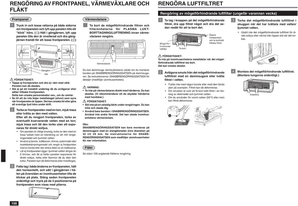 (2) 1 Värmeväxlare Ta bort de mögelförhindrande filtren och filterenheterna för PLASMA LUKT- BORTTAGNING/LUFTRENING innan värmeväxlaren rengörs.