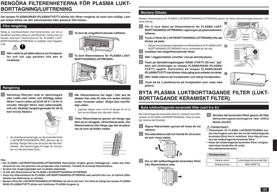 Annars kan du skadas eftersom filterenheterna för PLASMA LUKT- BORTTAGNING/LUFTRENING är laddade med högspänning.