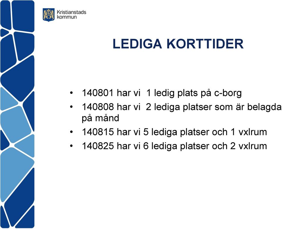 belagda på månd 140815 har vi 5 lediga platser