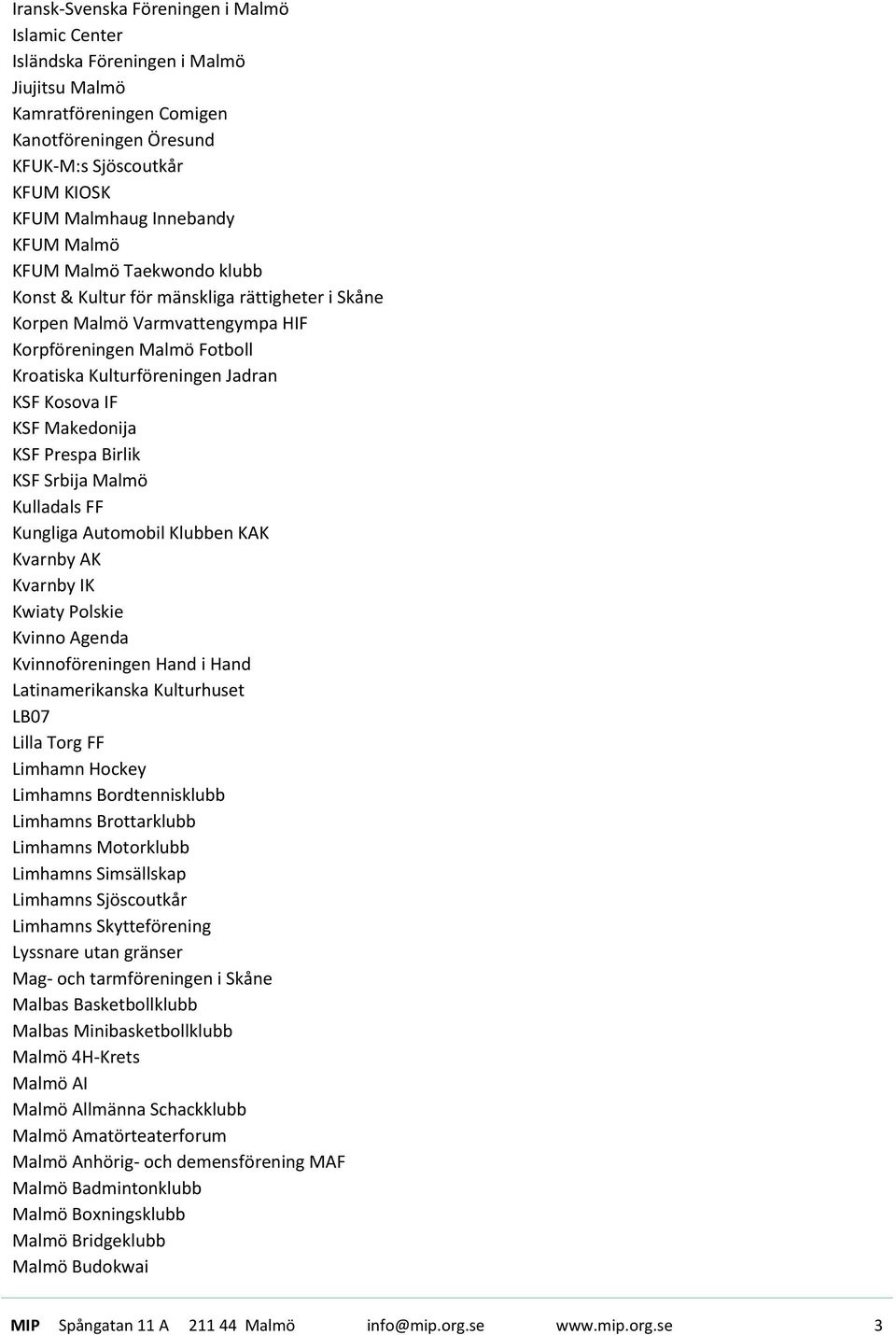 KSF Makedonija KSF Prespa Birlik KSF Srbija Malmö Kulladals FF Kungliga Automobil Klubben KAK Kvarnby AK Kvarnby IK Kwiaty Polskie Kvinno Agenda Kvinnoföreningen Hand i Hand Latinamerikanska