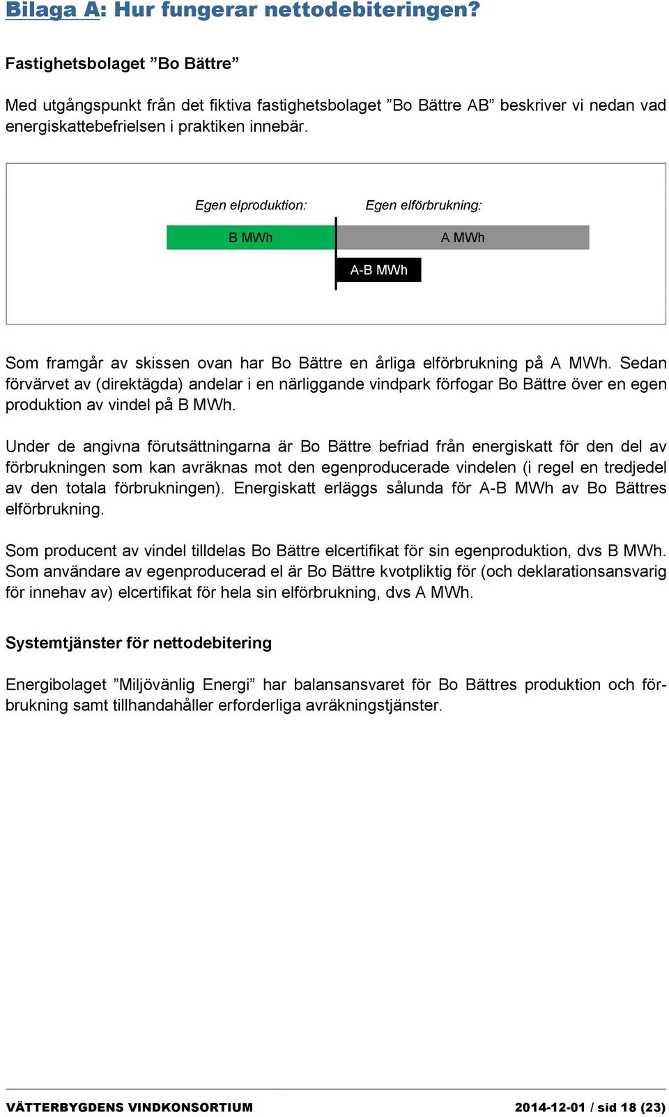 Egen elproduktion: B MWh Egen elförbrukning: A MWh A-B MWh Som framgår av skissen ovan har Bo Bättre en årliga elförbrukning på A MWh.