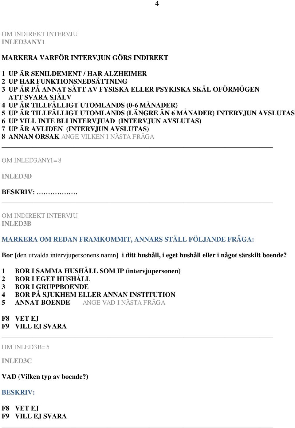 AVLIDEN (INTERVJUN AVSLUTAS) 8 ANNAN ORSAK ANGE VILKEN I NÄSTA FRÅGA OM INLED3ANY1=8 INLED3D BESKRIV: OM INDIREKT INTERVJU INLED3B MARKERA OM REDAN FRAMKOMMIT, ANNARS STÄLL FÖLJANDE FRÅGA: Bor [den