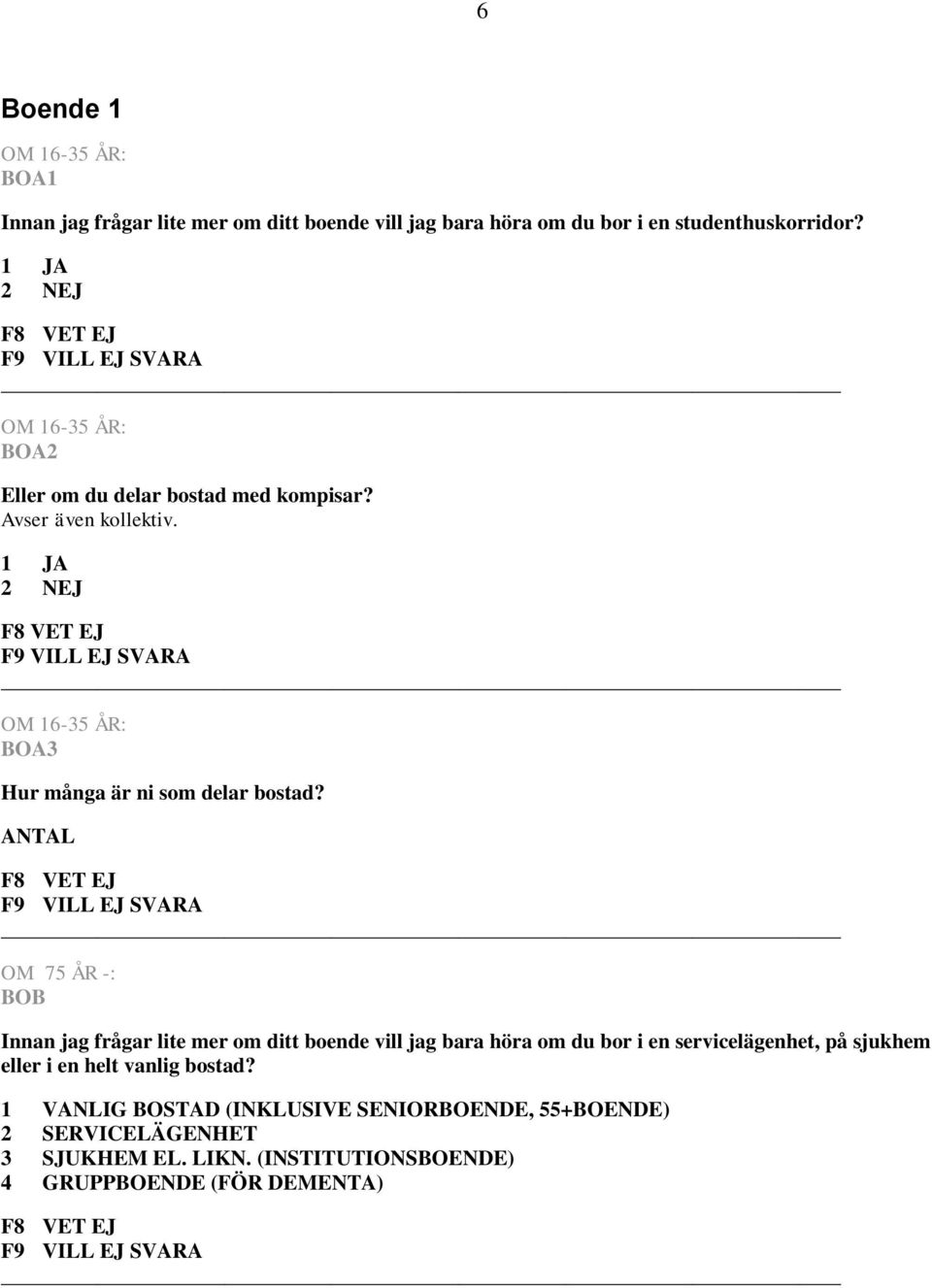 ANTAL OM 75 ÅR -: BOB Innan jag frågar lite mer om ditt boende vill jag bara höra om du bor i en servicelägenhet, på sjukhem eller i en