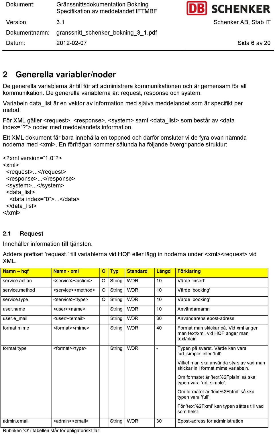 För XML gäller <request>, <response>, <system> samt <data_list> som består av <data index=? > noder med meddelandets information.