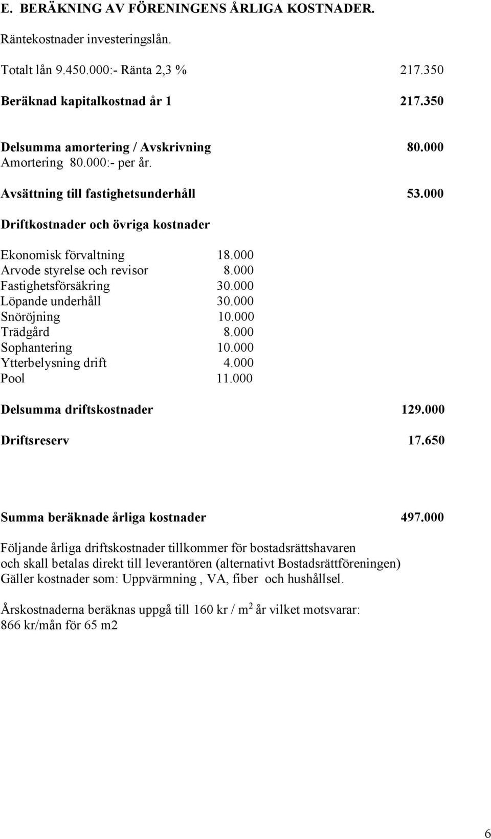 000 Löpande underhåll 30.000 Snöröjning 10.000 Trädgård 8.000 Sophantering 10.000 Ytterbelysning drift 4.000 Pool 11.000 Delsumma driftskostnader 129.000 Driftsreserv 17.